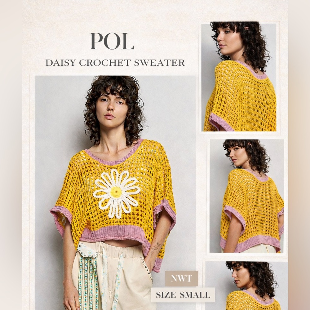 POL Daisy Sweater Open Weave Crochet Boho Knit Yellow Small NWT Festival - Picture 4 of 8